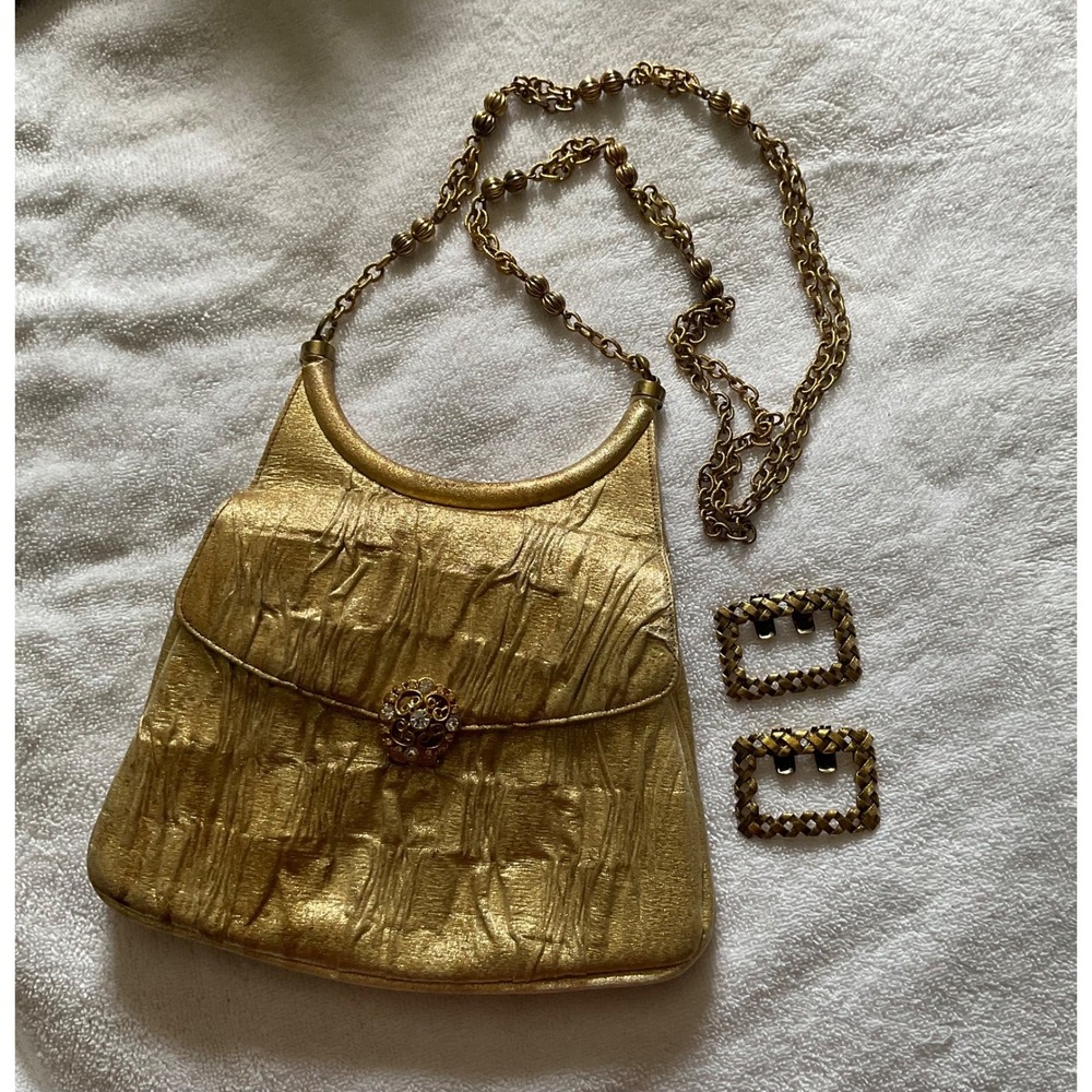Vintage Lou Taylor Italy Gold Lame' Evening Party Bag w/ shoe clips, Mirror